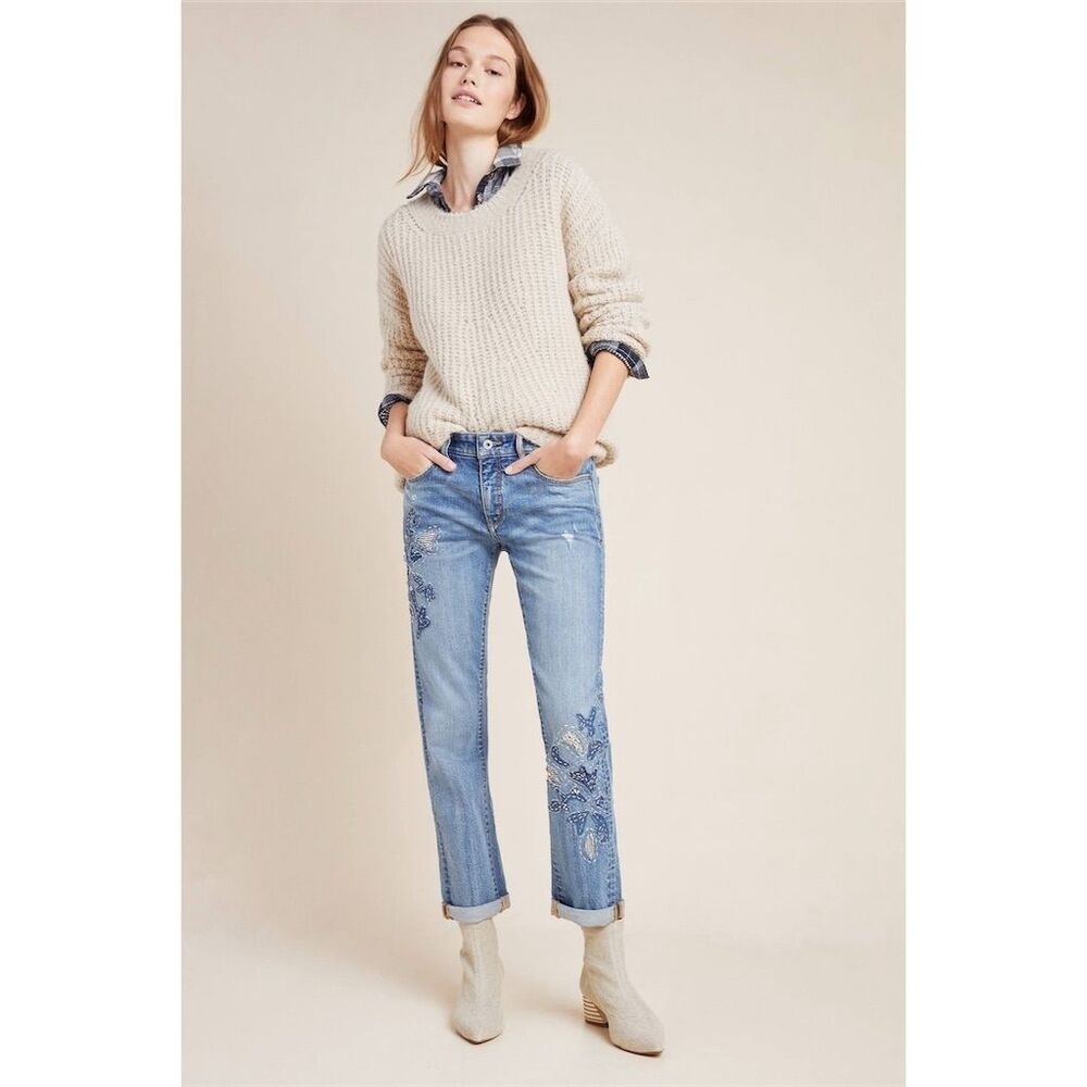 Anthro Pilcro Slim Boyfriend Embroidered Patchwork Floral Jeans Size 28 - Picture 2 of 15